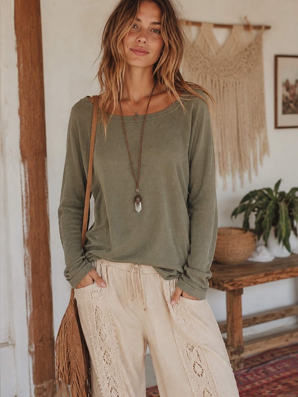 We the Free Olive Green Waffle Knit Long Sleeve Women's Top SZ XS
